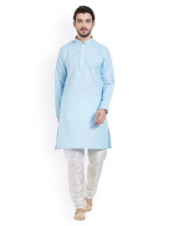 Men Blue & White Solid Kurta with Churidar M