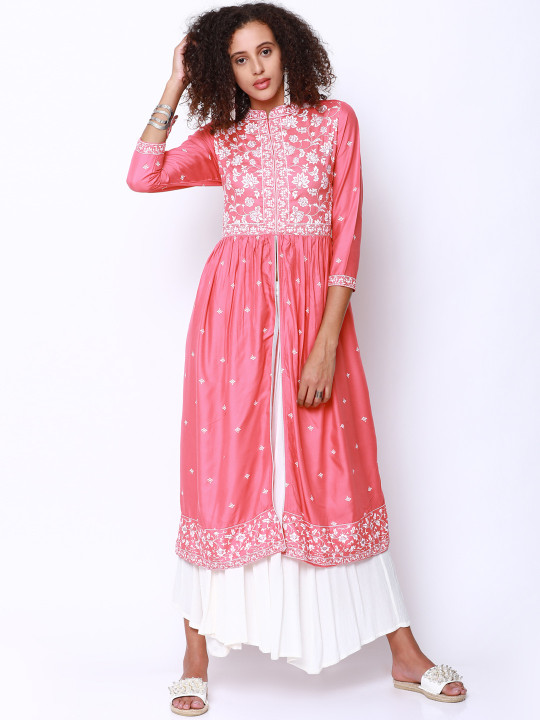 Vishudh Women Coral & White Printed A-Line Kurta