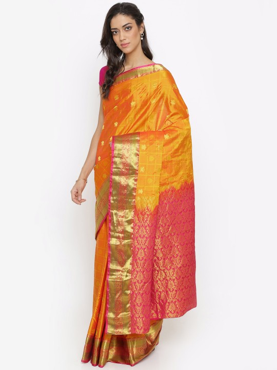 Classicate Orange Pure Silk Woven Design Kanjeevaram Saree