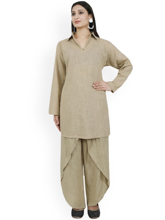 Women Beige Woven Design Pakistani Style Kurta XS
