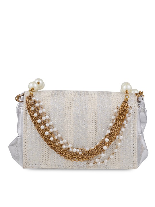 White & Silver-Toned Textured Clutch
