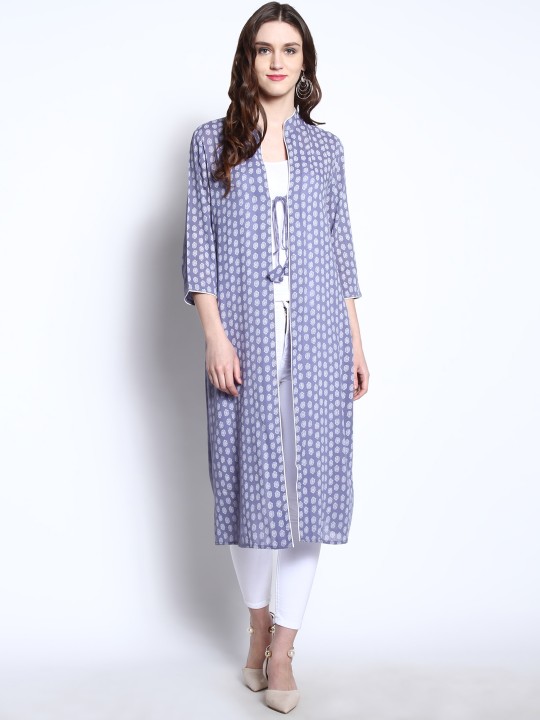 Blue Printed Open Front Longline Shrug S