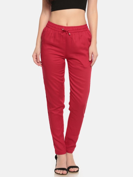 Women Red Straight Fit Solid Regular Trousers 26
