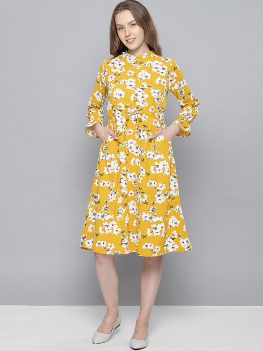 Women Mustard Printed Fit and Flare Dress