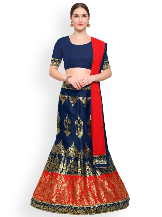 Blue & Red Solid Unstitched Lehenga & Blouse with Dupatta