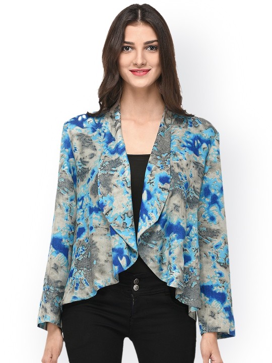 Grey & Blue Printed Open Front Shrug S
