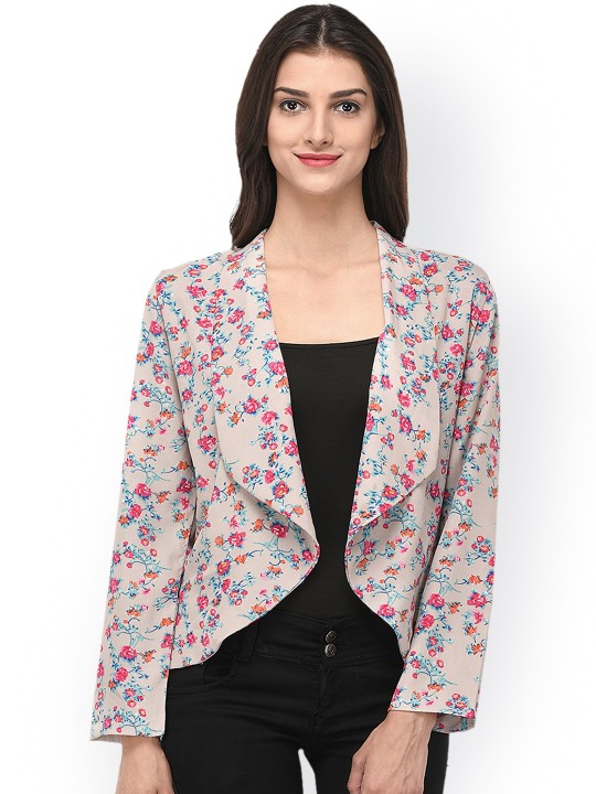 Beige & Pink Printed Open Front Shrug S