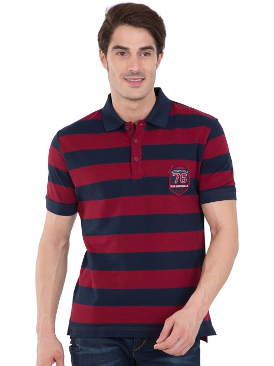 Buy Men Navy Blue & Red Striped Polo Collar T-shirt Online at ...