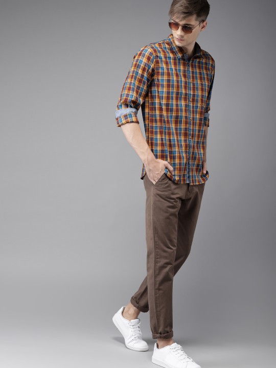 Men Maroon & Mustard Yellow Checked Casual Shirt 38