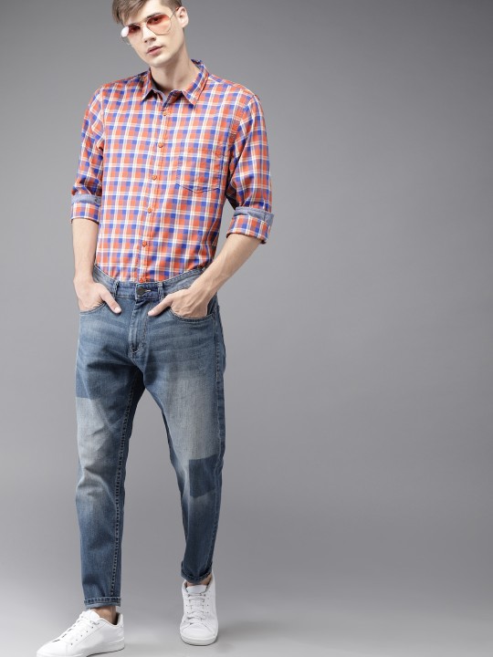 Men Orange & Blue Checked Casual Shirt 38