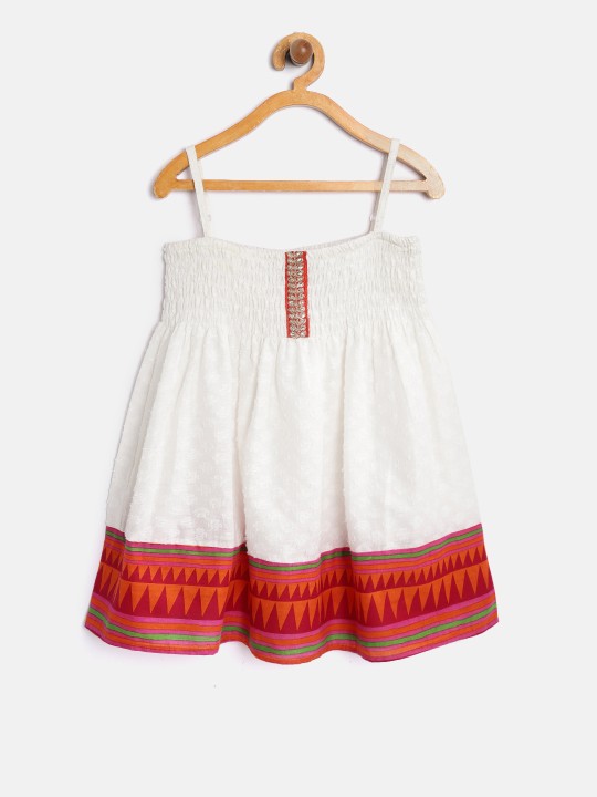 Girls White Self Design A-Line Dress 0-6M