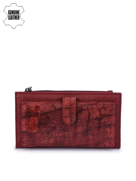 Women Red Solid Leather Two Fold Wallet