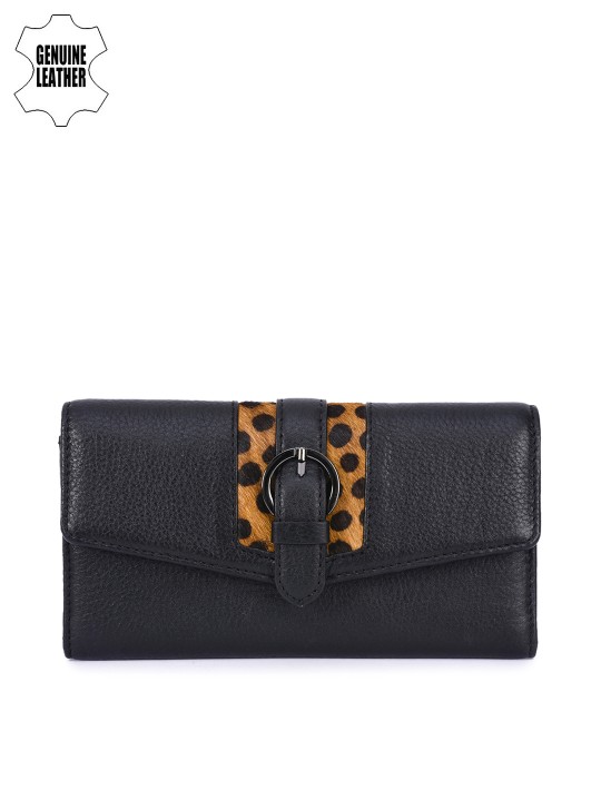 Women Black Solid Leather Two Fold Wallet