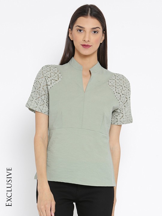 Women Green Self Design Top XS