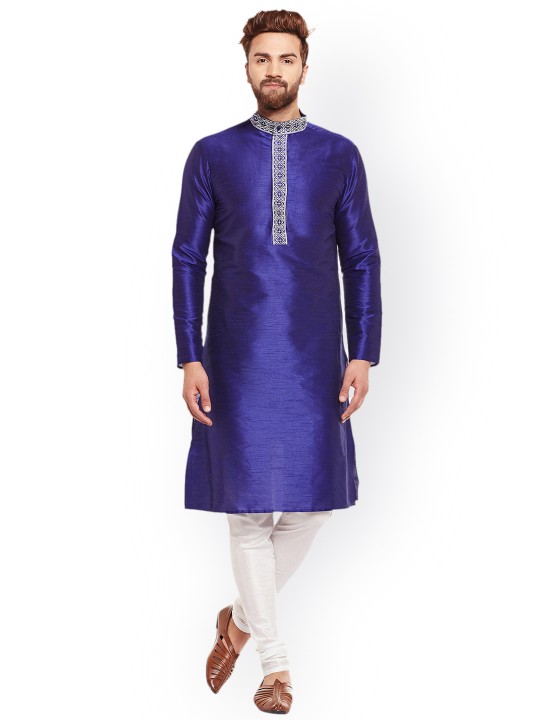 Men White & Blue Yoke Design Silk Kurta with Churidar S