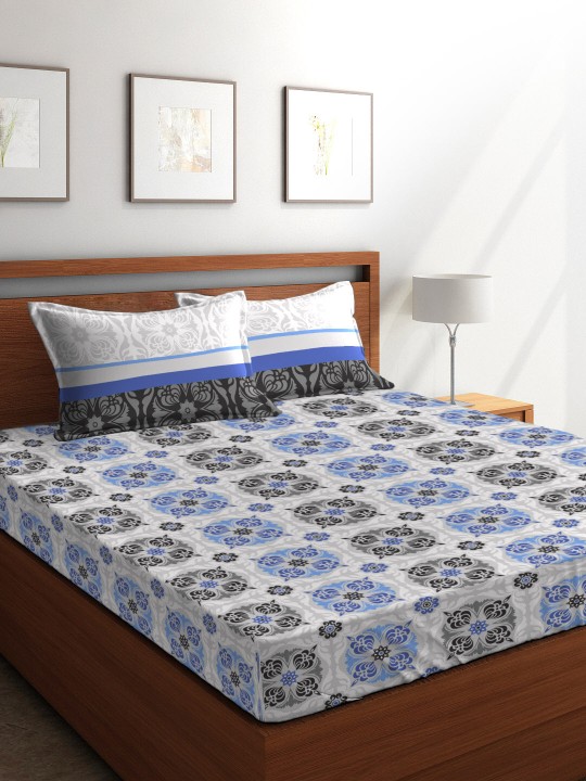 White & Blue Floral Flat 120 TC Polycotton 1 Extra Large Bedsheet with 2 Pillow Covers