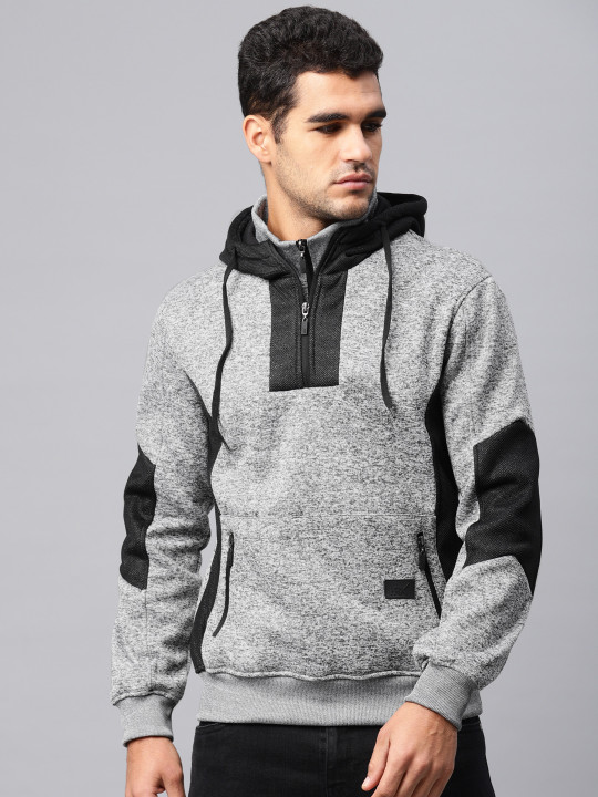 Men Grey Melange Solid Hooded Sweatshirt S