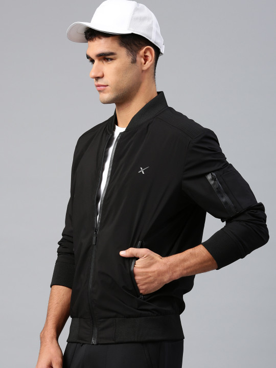 Men Black Solid Active Bomber Jacket