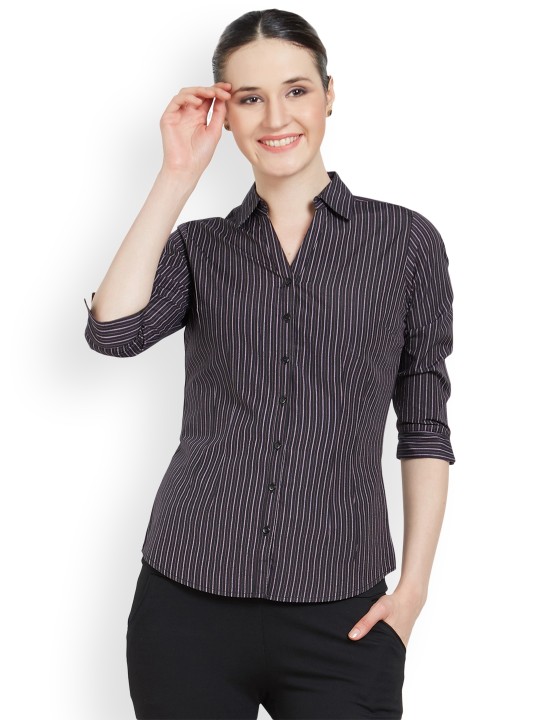 Women Black & Pink Slim Fit Striped Formal Shirt S