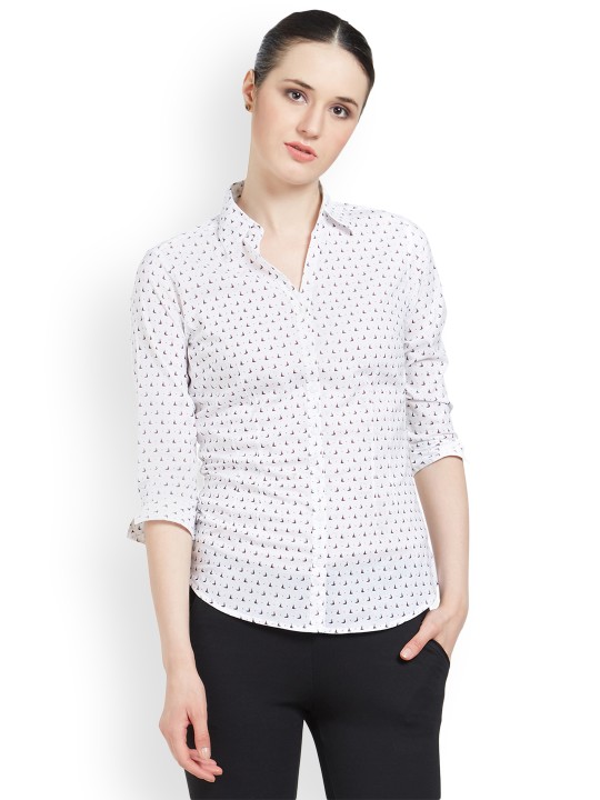 Women White Custom Slim Fit Printed Formal Shirt S