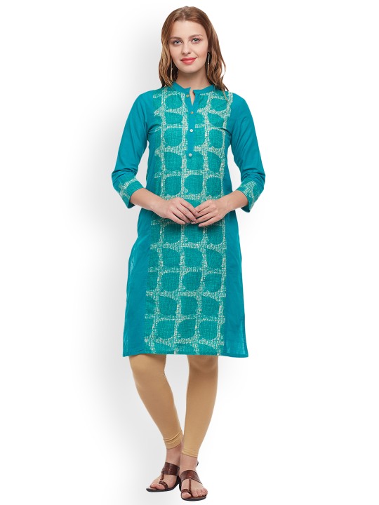 Women Teal Blue Printed Straight Kurta S