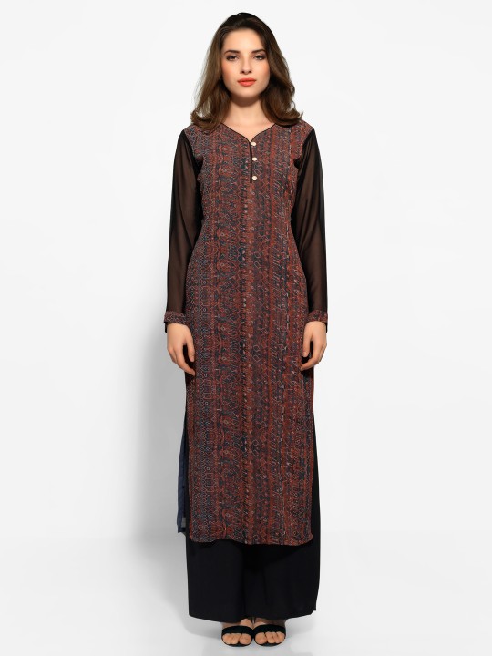 Women Brown & Grey Printed Silk Straight Kurta XS