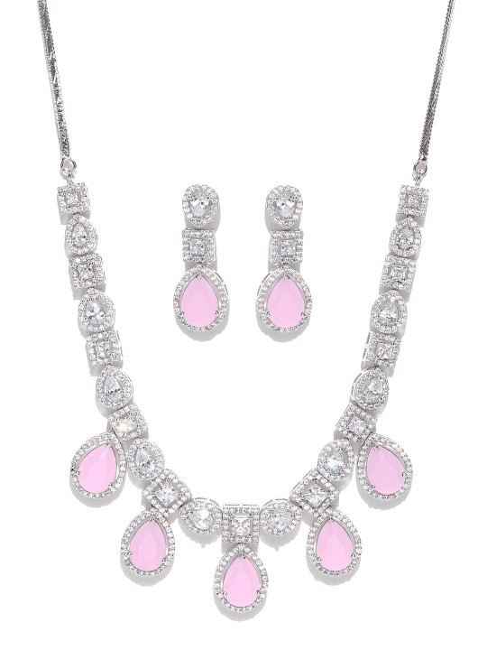 Silver-Toned & Pink Handcrafted American Diamond Studded Jewellery Set