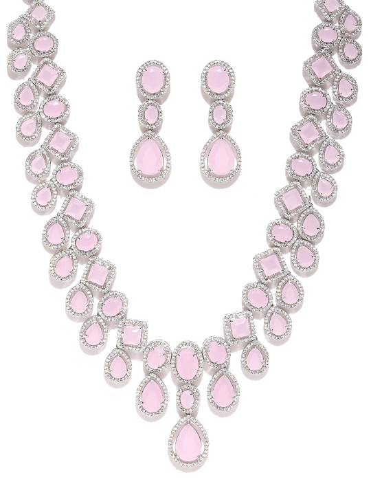 Silver-Toned & Pink Handcrafted American Diamond-Studded Jewellery Set