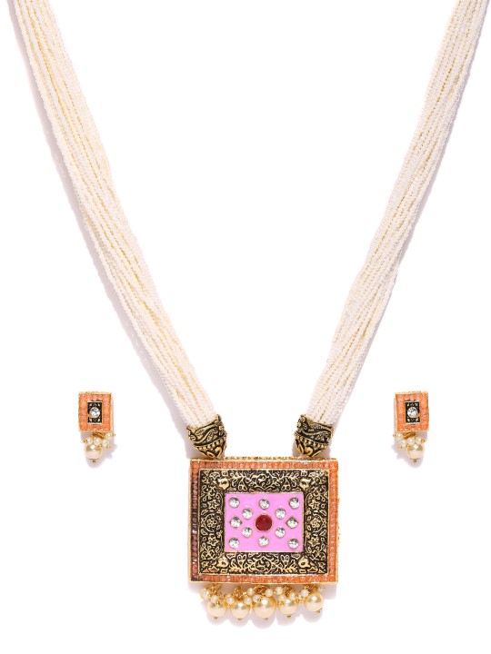 Off-White & Pink Gold-Plated Handcrafted Beaded Jewellery Set