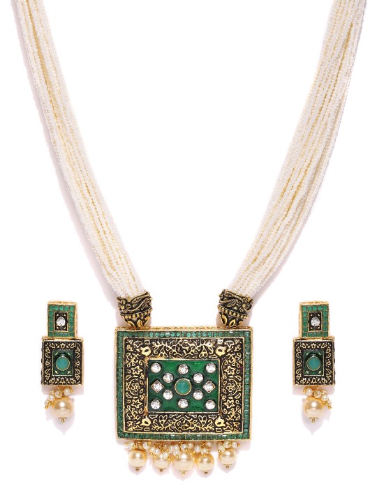 Off-White & Green Gold-Plated Handcrafted Beaded Jewellery Set