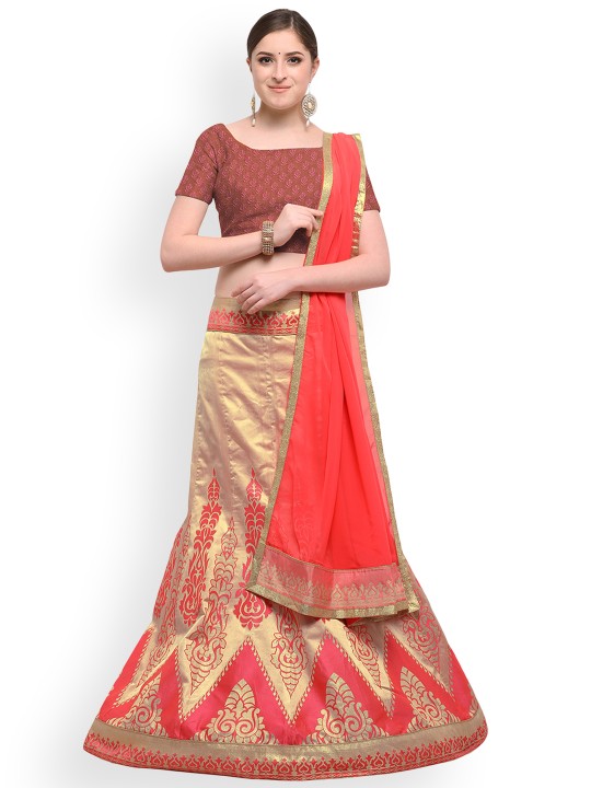 Pink & Gold-Toned Woven Design Silk Lehenga Choli with Dupatta