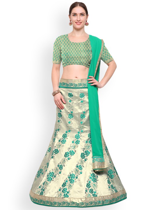 Green & Silver-Toned Woven Design Silk Lehenga Choli with Dupatta
