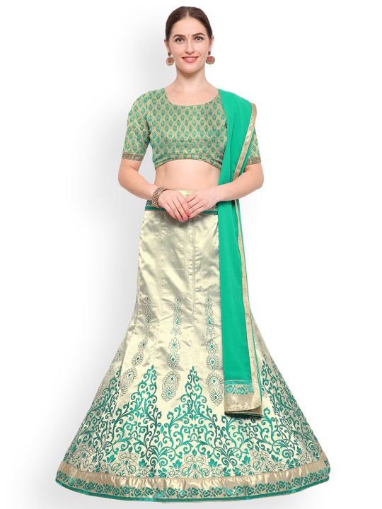 Green & Silver-Toned Woven Design Silk Lehenga Choli with Dupatta
