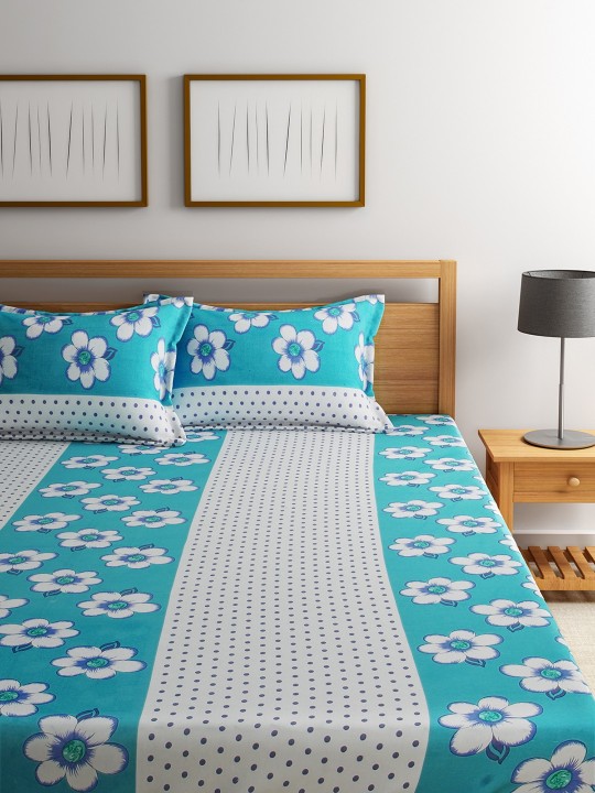 Blue Printed Flat 120 TC Cotton 1 Queen Bedsheet with 2 Pillow Covers