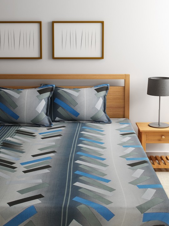 Blue Printed Flat 120 TC Cotton 1 Queen Bedsheet with 2 Pillow Covers