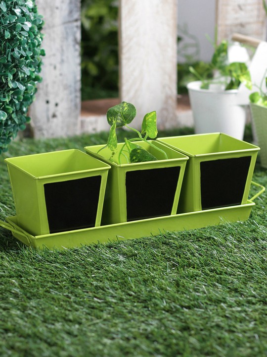 Set of 3 Metal Green Chalk Board Painted Herb Planter