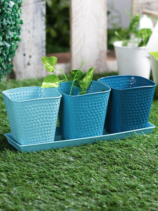 Set of 3 Metal Blue Herb Planter