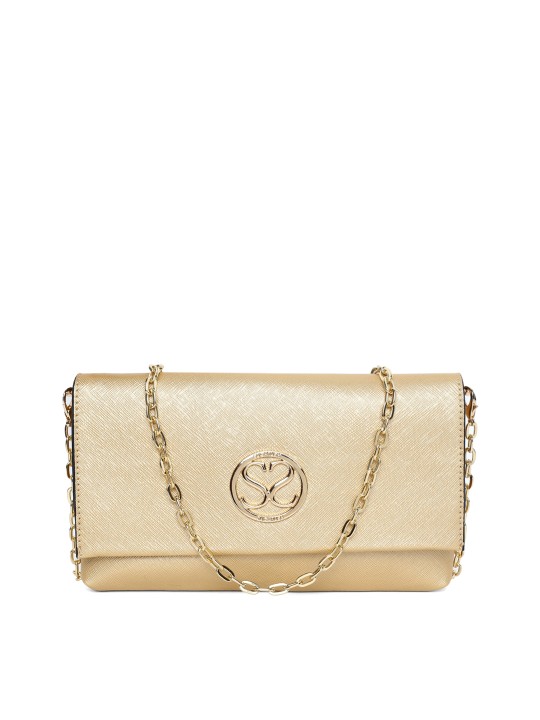 Gold-Toned Solid Clutch with Sling Strap