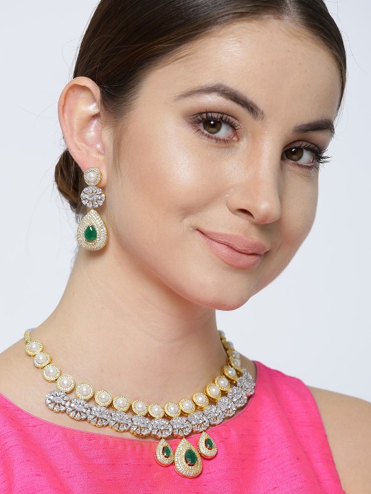Gold-Toned & Off-White Diamontic Stone-Studded Jewellery Set