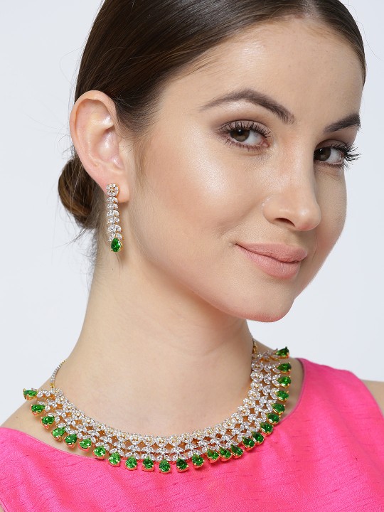 Silver-Toned & Green Diamontic Stone-Studded Jewellery Set