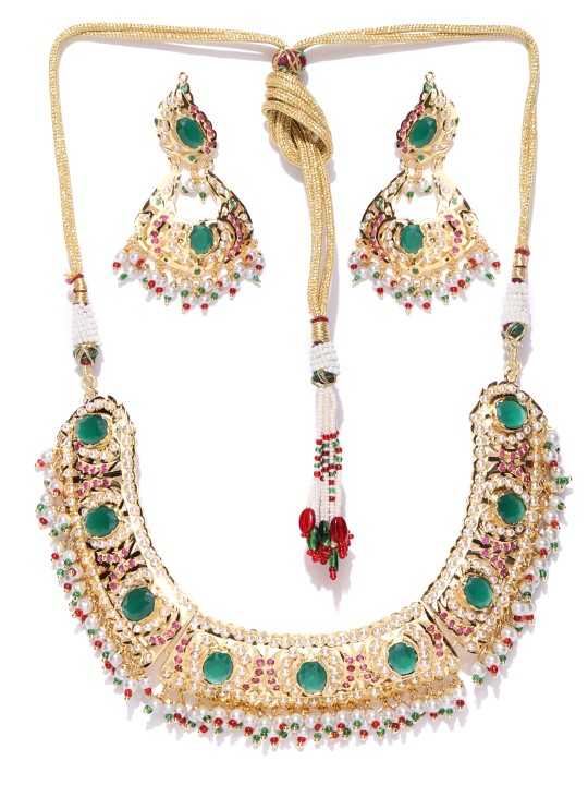 Gold-Toned & Green Stone-Studded Jewellery Set