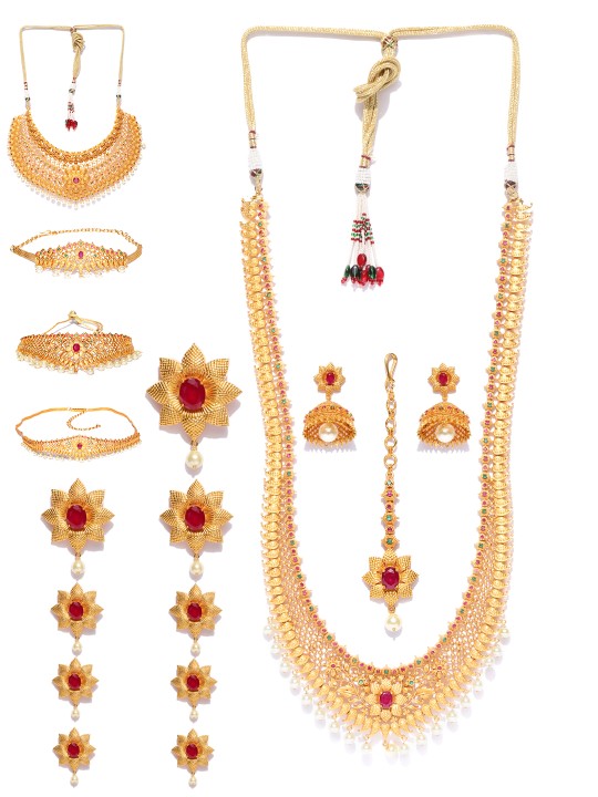 Antique Gold-Toned Textured Polki Beaded Bridal Jewellery Set