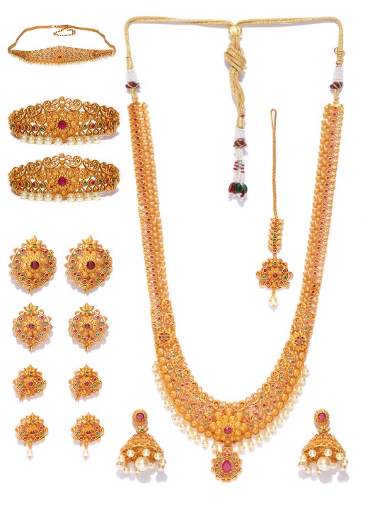 Antique Gold-Toned & Maroon Textured Beaded Bridal Jewellery Set