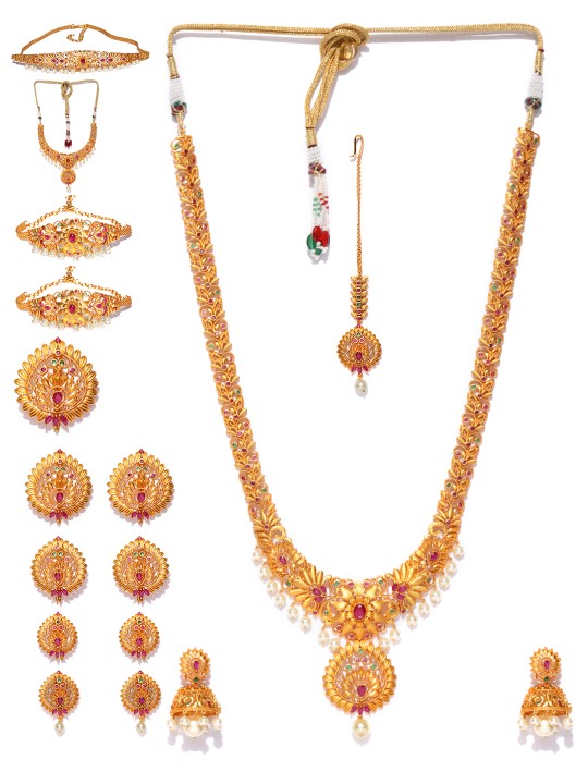 Antique Gold-Toned & Maroon Textured Beaded Bridal Jewellery Set