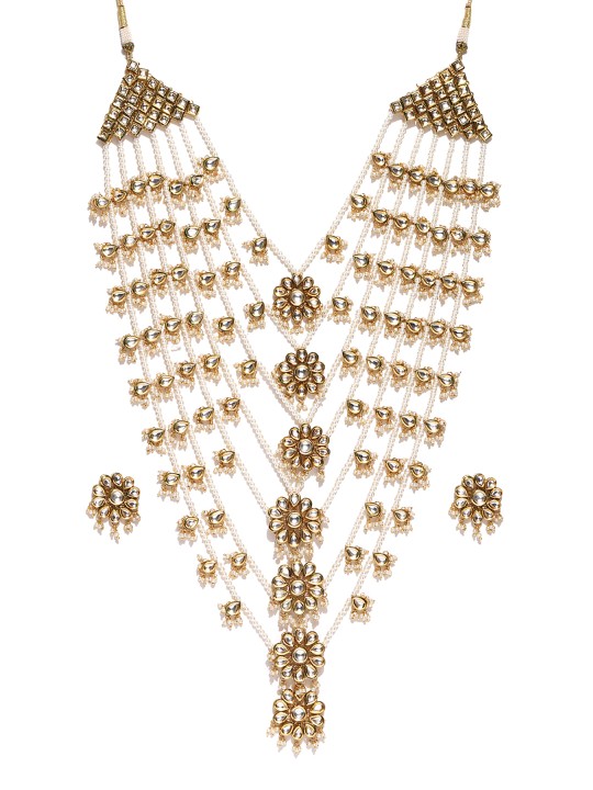 Gold-Toned & Off-White Kundan Stone-Studded Beaded Layered Jewellery Set