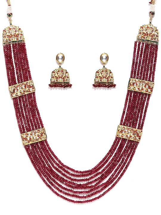Pink & Gold-Toned Beaded Multistranded Polki Jewellery Set