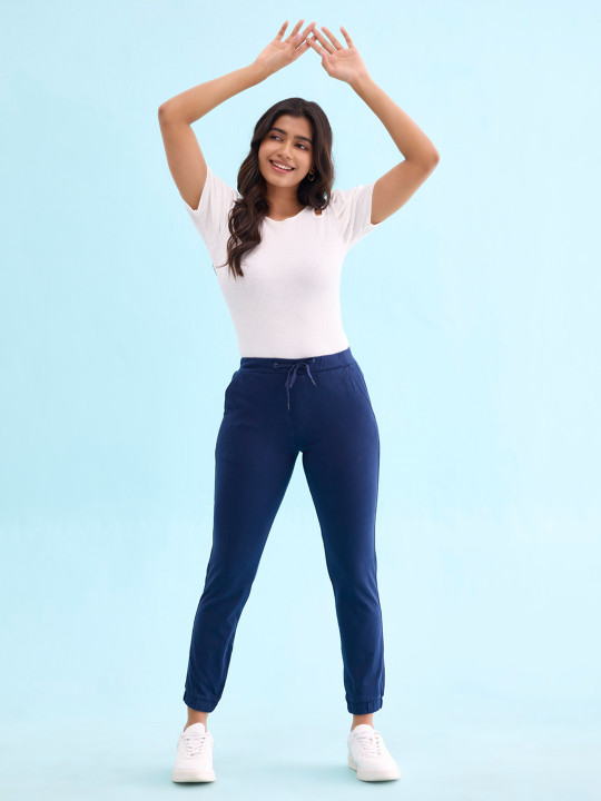 Go Colors Women Navy Blue Relaxed Fit Cropped Joggers
