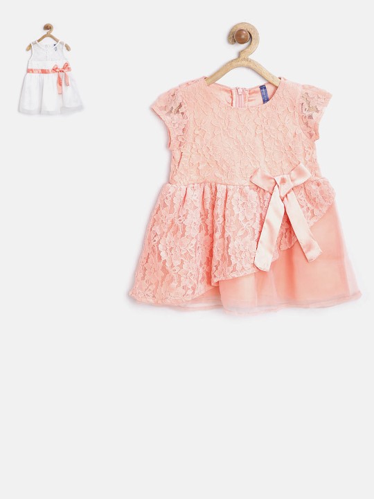 YK Girls Pack of 2 Off-White & Peach-Coloured Dress 6-12M
