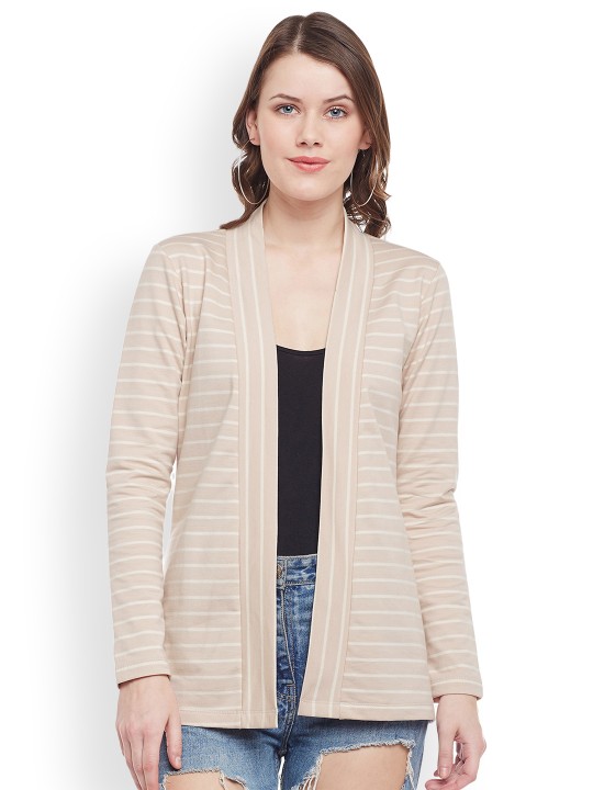 Beige & White Self Design Open Front Shrug XS