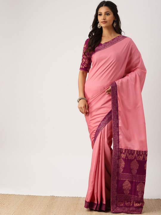 Peach-Coloured Solid Pure Silk Saree